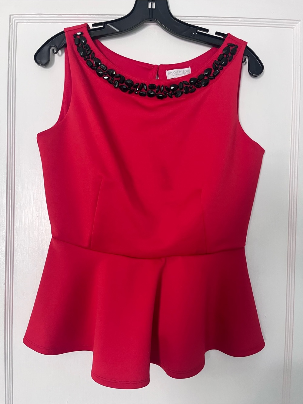 Bisou Bisou Red Jewel-Neck Peplum Top